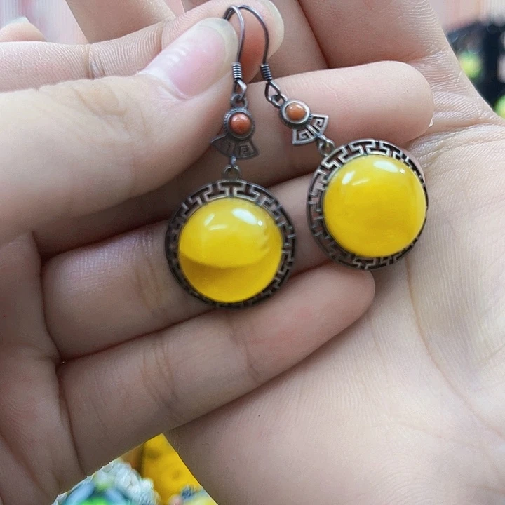 琥珀银S925镶嵌颈饰耳环