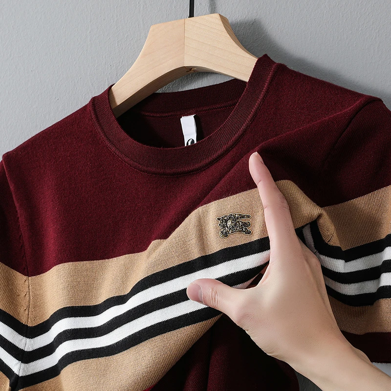 格鲁纳春季短袖毛衣百搭针织衫保暖条纹修身针织常规男式夏季拼色