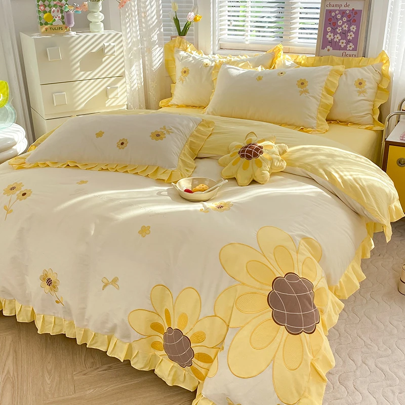 韩版公主风花边小清新水洗棉四件套542向日葵
