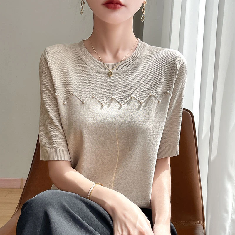 品牌珍珠圆领短袖显瘦洋气夏季百搭设计时尚感气质薄款设计感