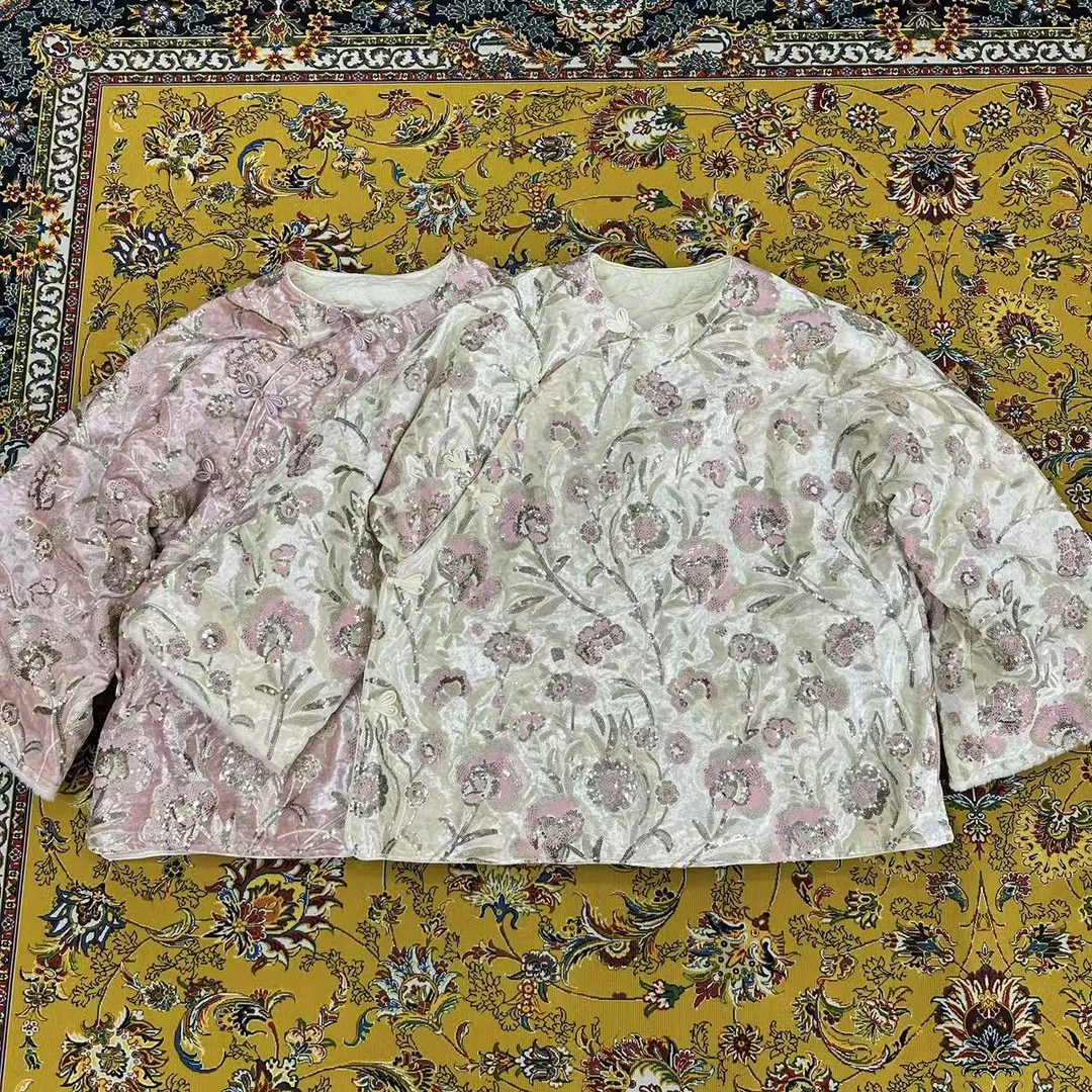 【雪绵】新中式大码国风女装冬季四方立绒亮片刺绣褂式棉服外套