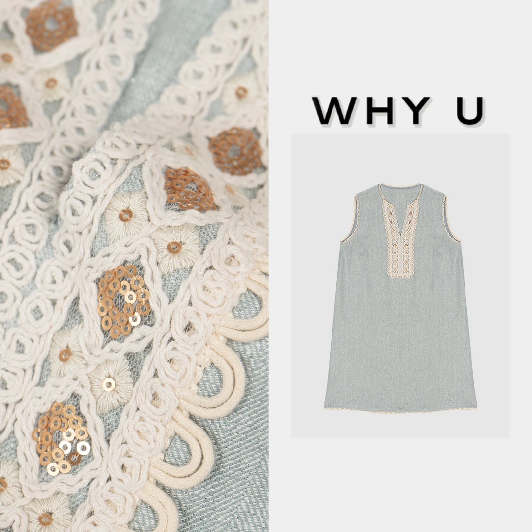 WHY U-25SS夏季蓝色设计盘绳透气银丝刺绣气连衣裙【洛月】