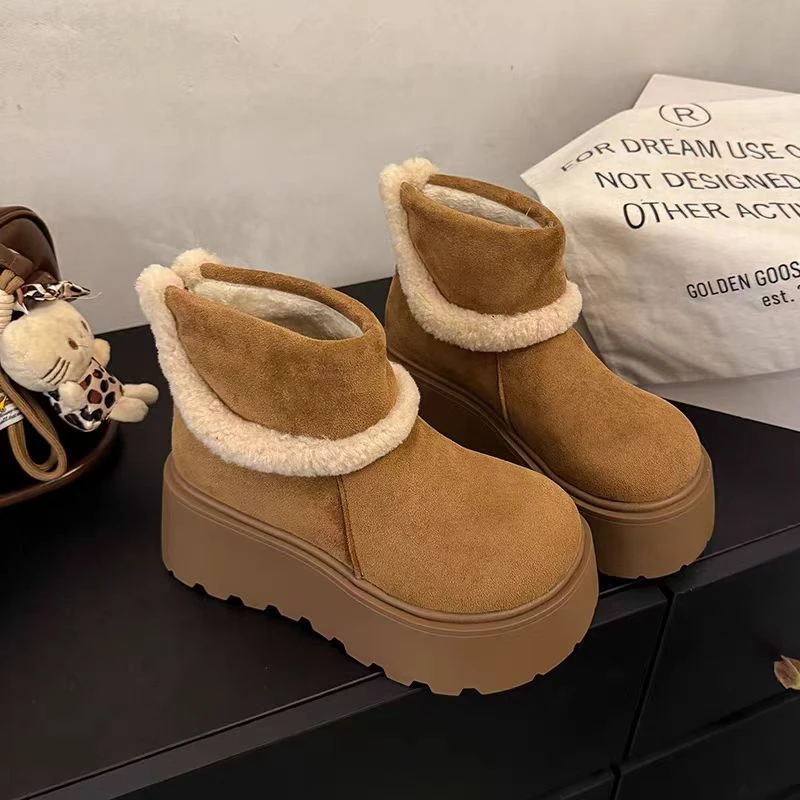 短筒时尚雪地靴女保暖2025年冬季新款复古加绒加厚棉鞋女翻边