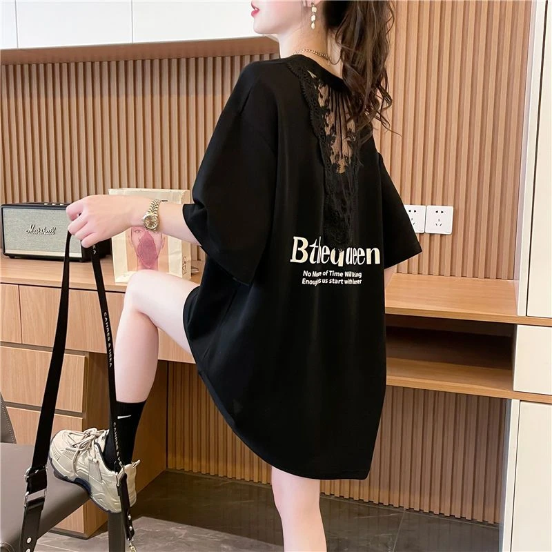 中长款纯棉短袖t恤女大码宽松遮屁股遮臀设计感小众蕾丝拼接上衣