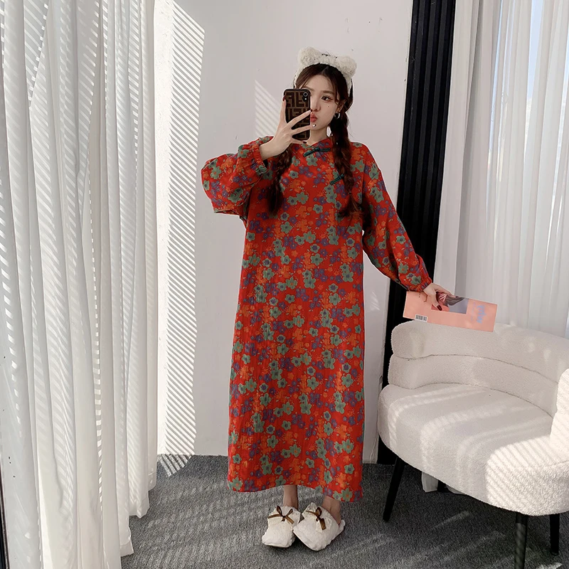 新中式双层纱睡裙长款胖MM200斤宽松孕妇春秋加肥加大码居家睡衣