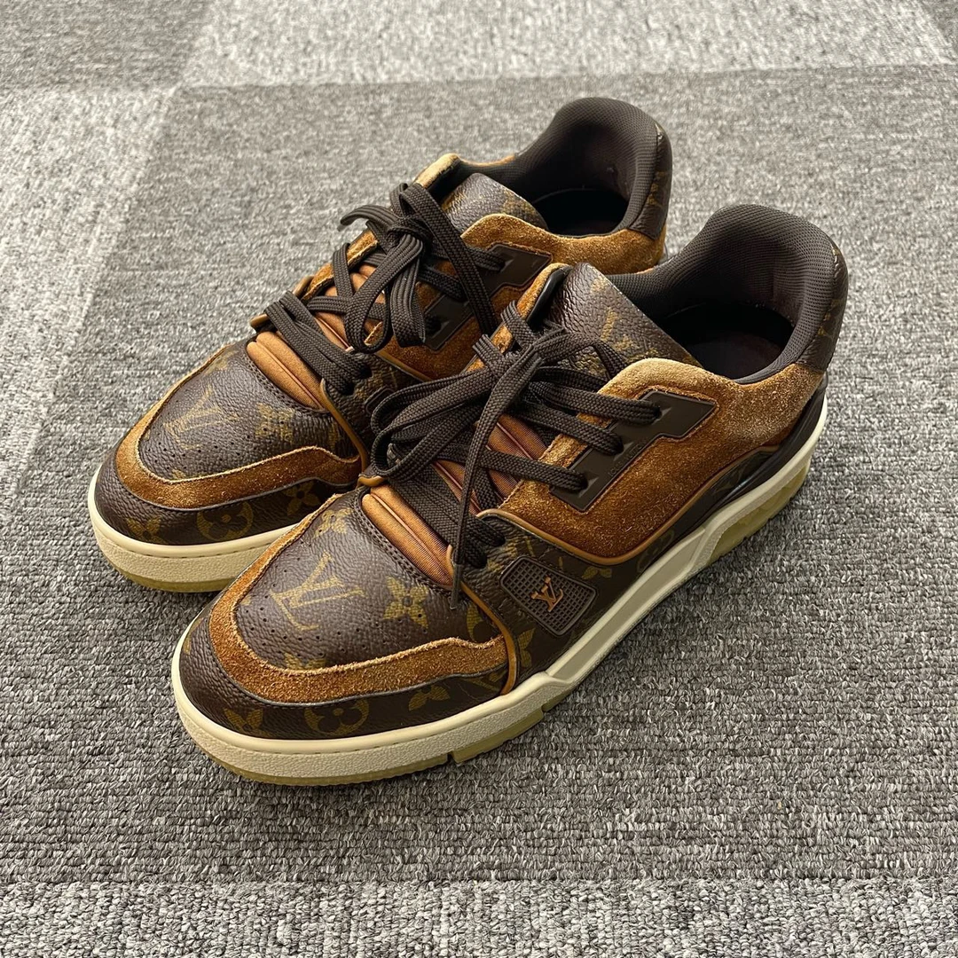 95新 LV 路易威登 老花拼色Trainer休闲板鞋/5.5码/