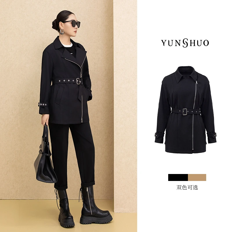 允硕春季新品时尚百搭收腰显瘦简约气质女装中款上衣风衣466113