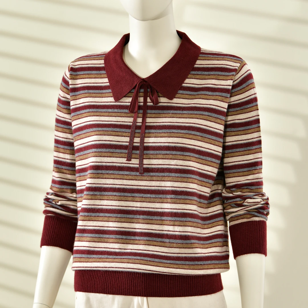 2025秋冬新款复古条纹风翻领针织衫女长袖休闲时尚百搭毛衣上衣