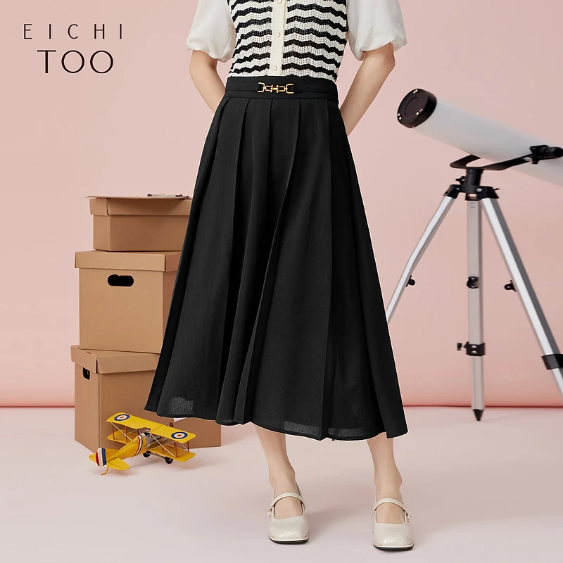A爱居兔夏季显瘦时尚纯黑色百褶长裙半身裙EQDDJ2P011A