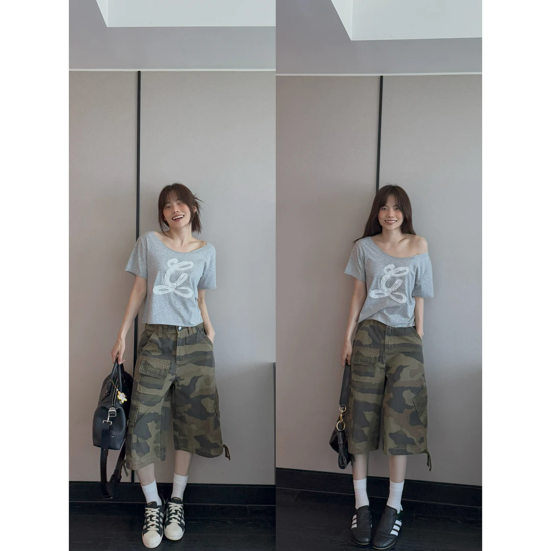 井迪儿【渴望自由】100%棉夏季酷飒军绿色迷彩宽松阔挺七分休闲裤