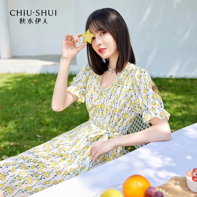 【直播】秋水伊人浪漫碎花连衣裙V领收腰气质中长裙622205B326657
