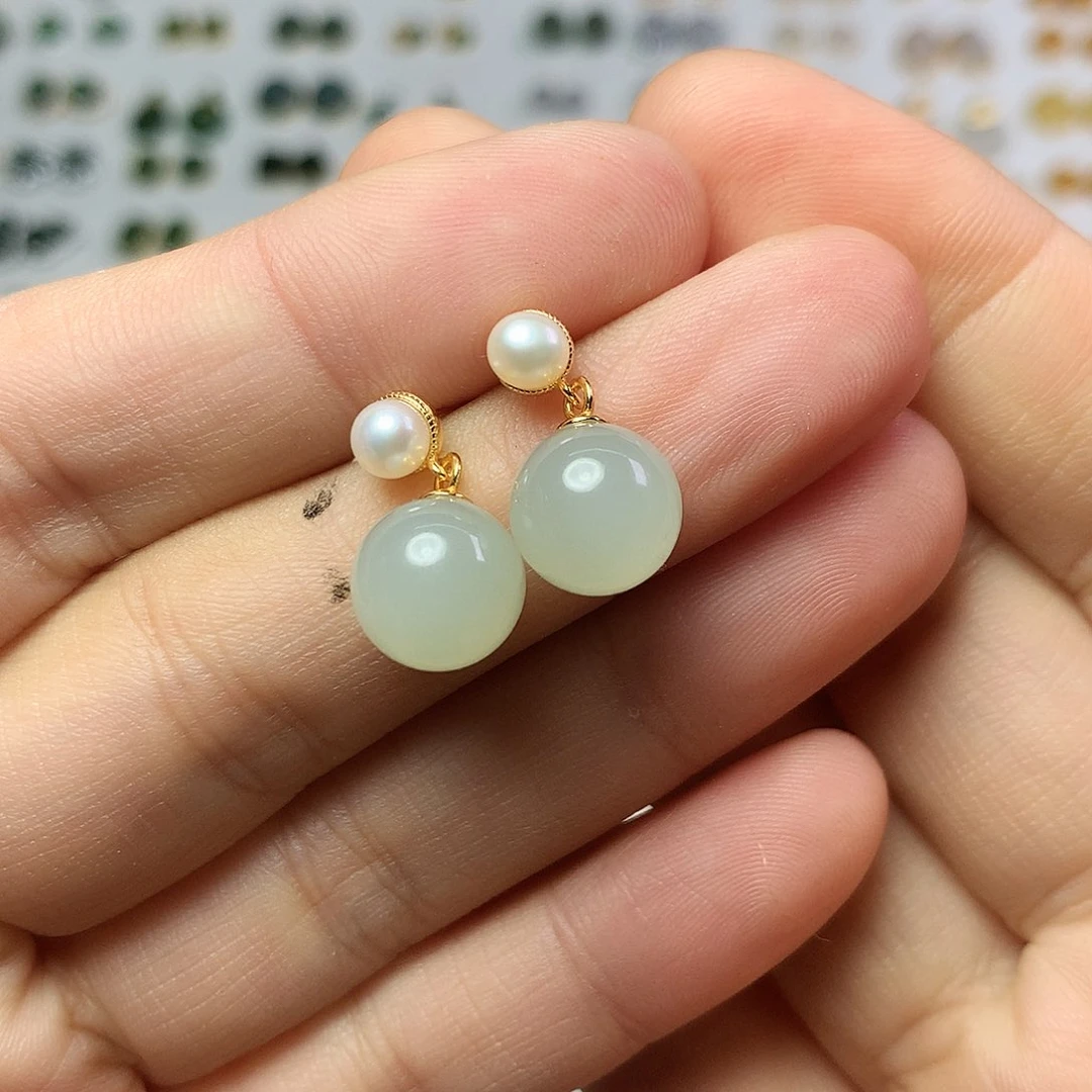 银S925镀金镶嵌和田玉（白玉）耳饰