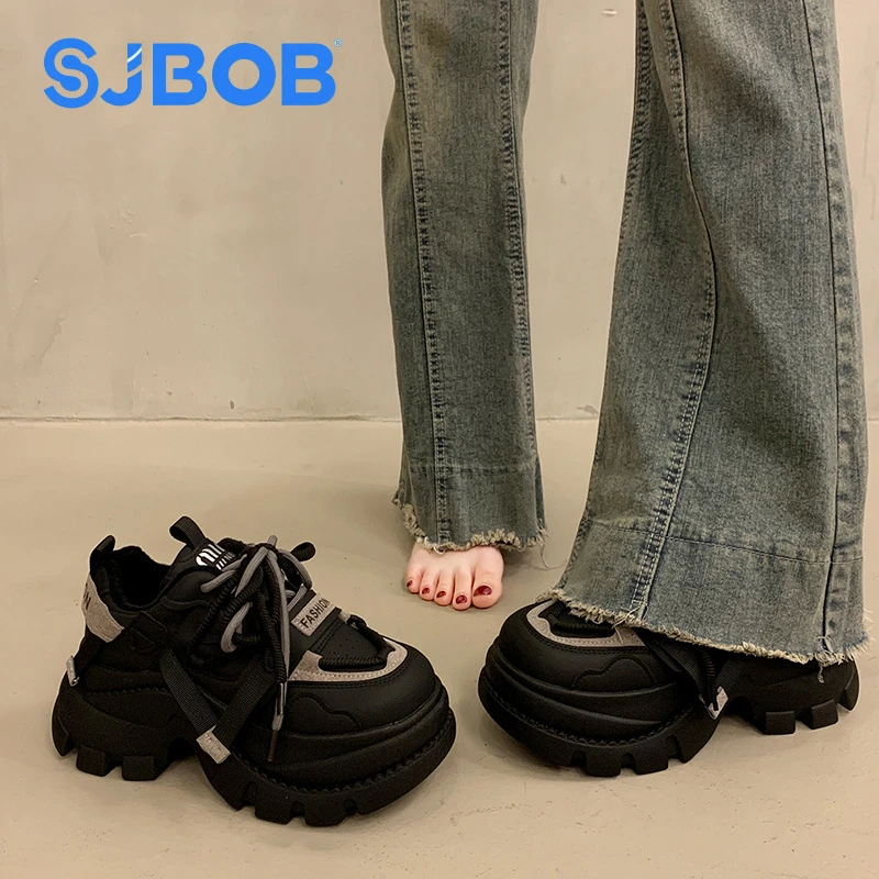 SJBOB增高厚底松糕老爹鞋女2025秋冬新款加绒黑色百搭休闲运动鞋