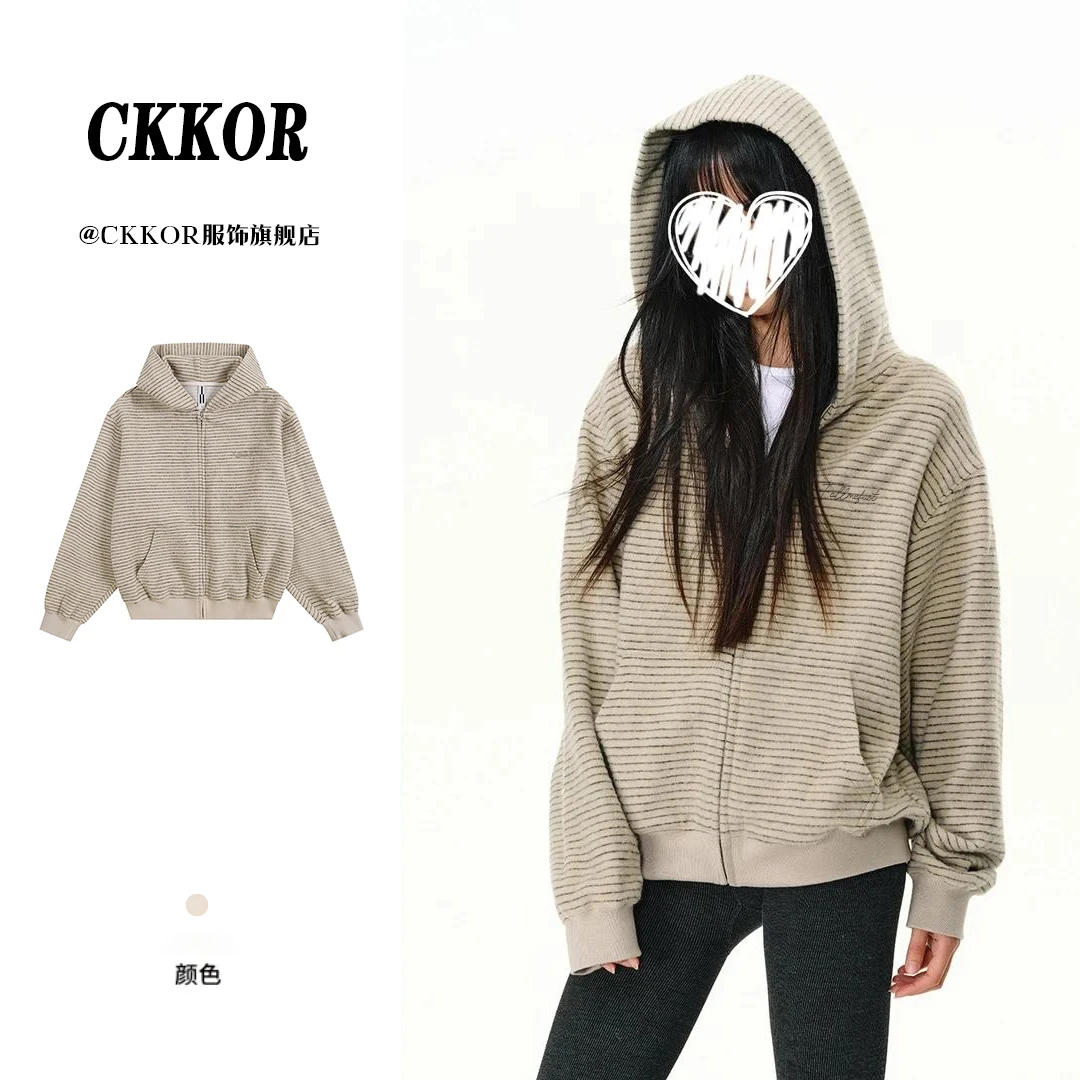 CKKOR早秋爆款条纹酷飒风女装高级感连帽卫衣女美式潮牌外套上衣
