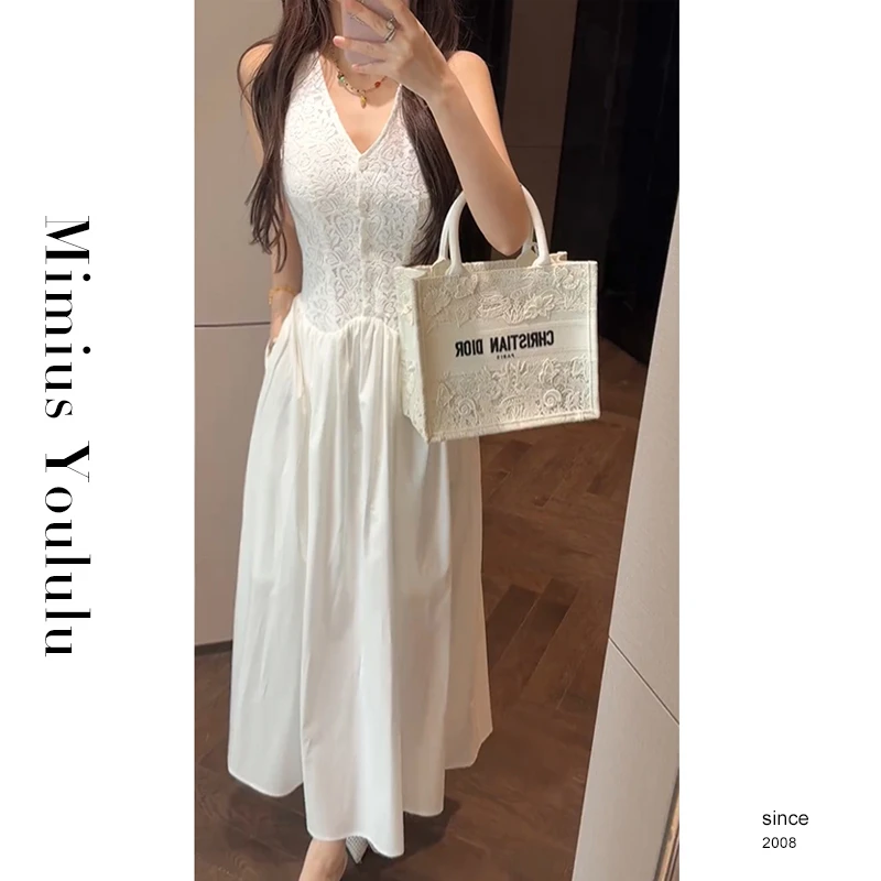 【mimius】P 法式温柔风绣花拼接V领收腰连衣裙 G05173