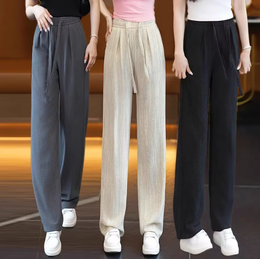 2025新款高腰冰丝皱阔腿裤夏季薄款抽绳肌理慵懒美式休闲拖地裤子