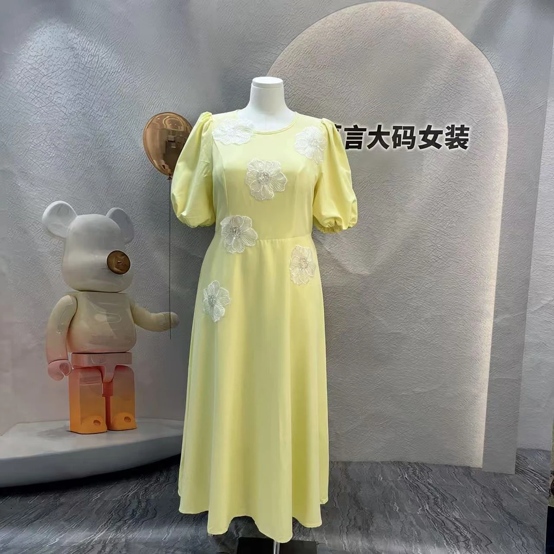 9322长款黄色夏季连衣裙绣花长裙裙子