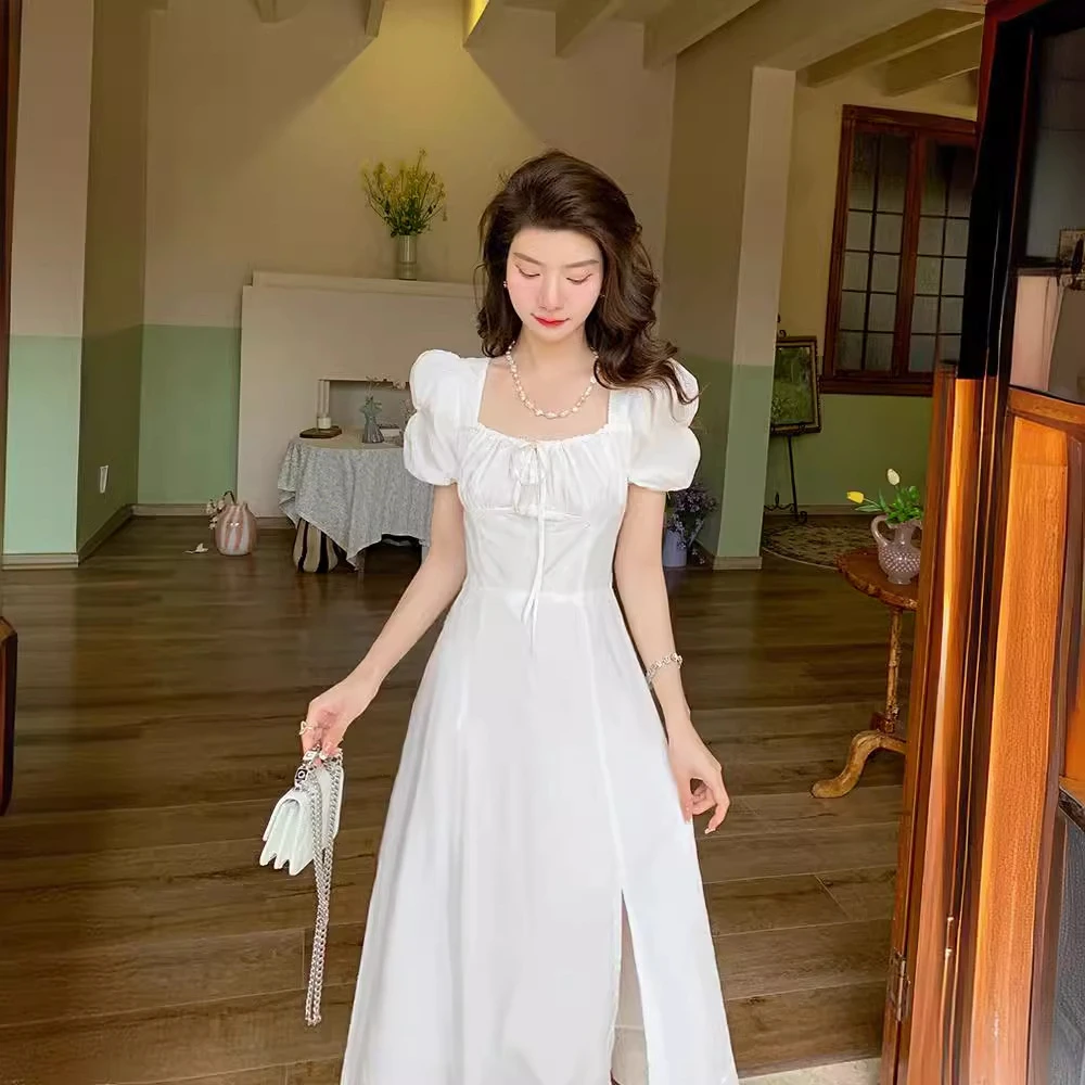 连衣裙波西米亚长款纯白色性感短袖开叉新款收腰修身方领休闲法式