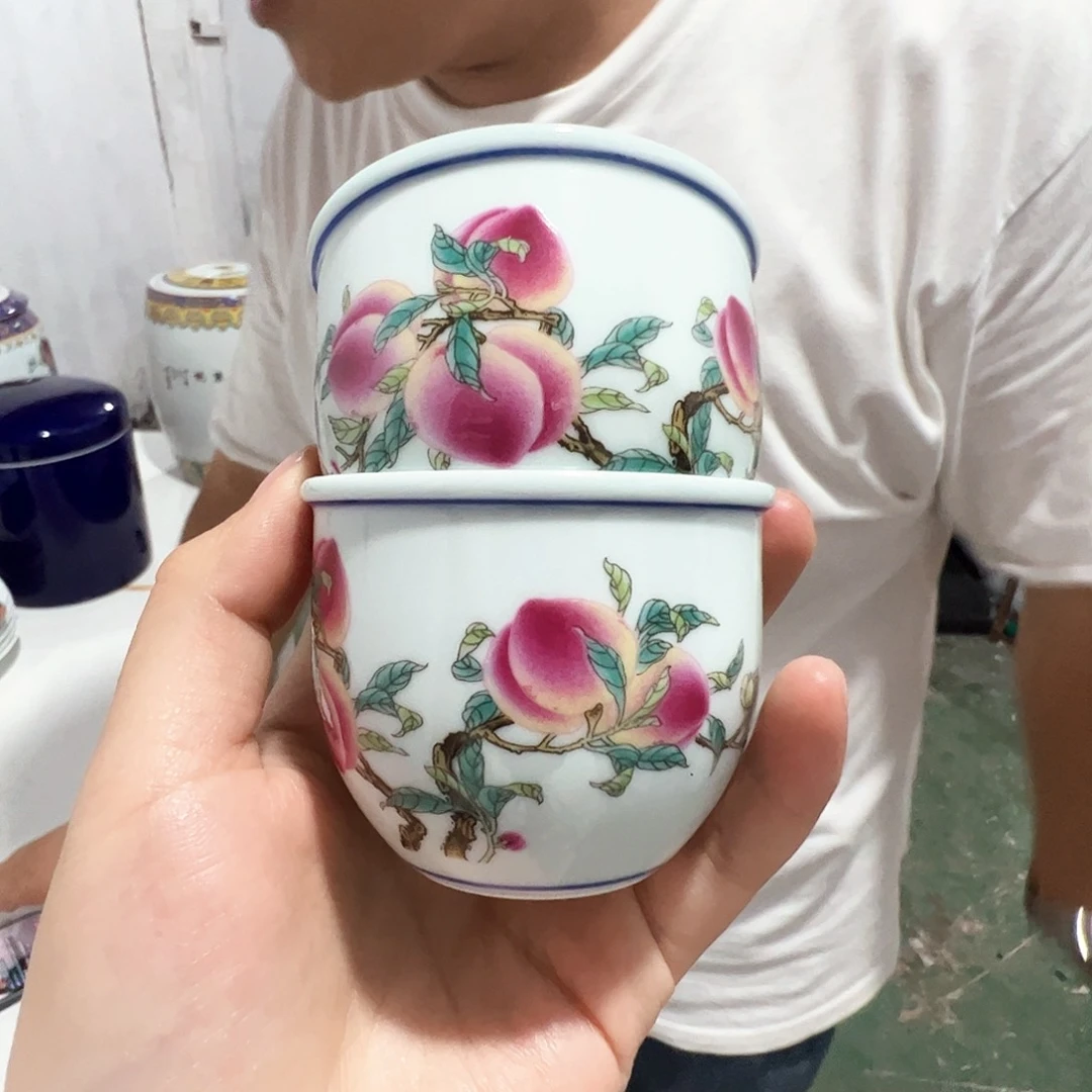 瓷片景德镇陶瓷粉桃缸杯2只（玩玉底）