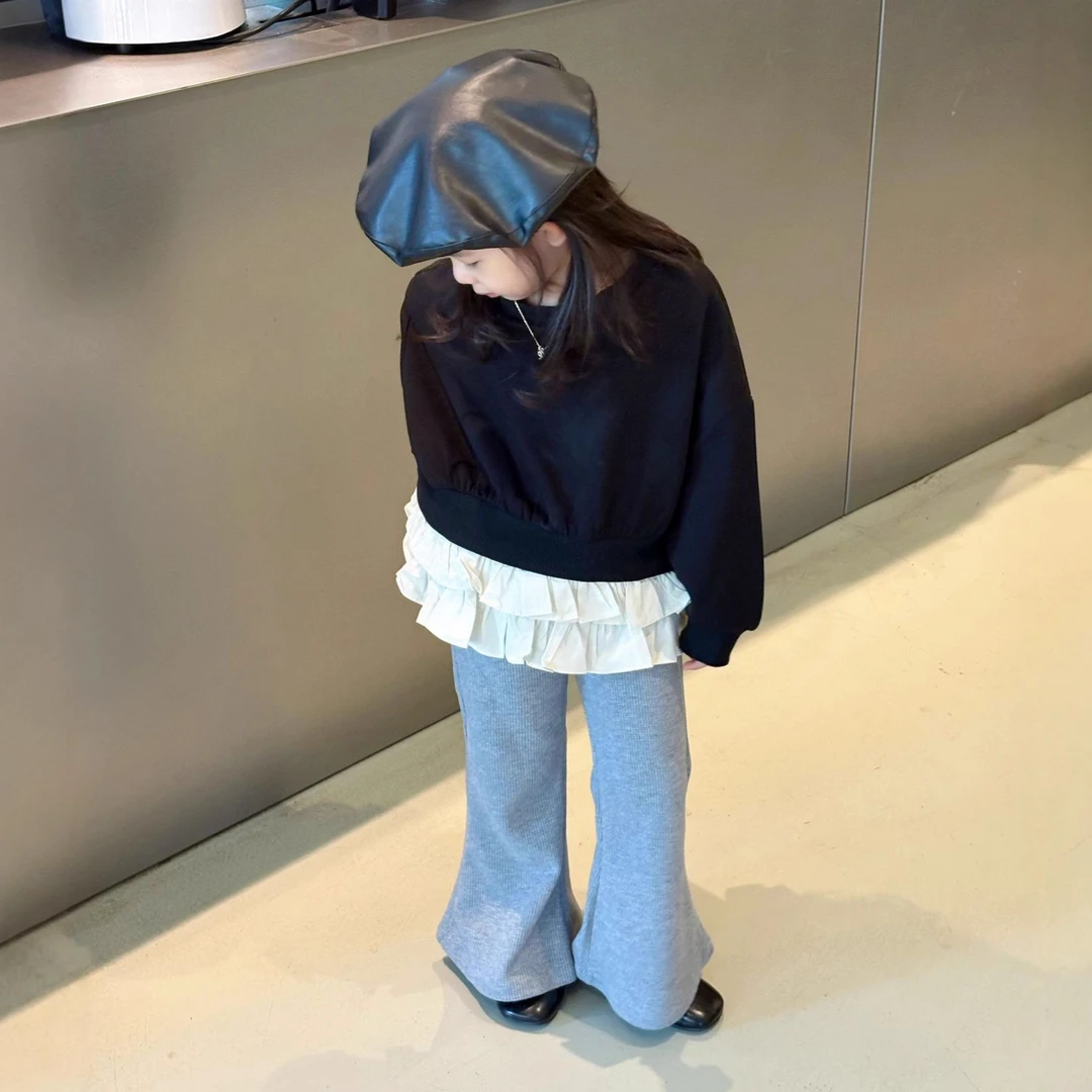 小思家女童2025秋季新款韩版洋气拼接假两件卫衣针织喇叭裤套装