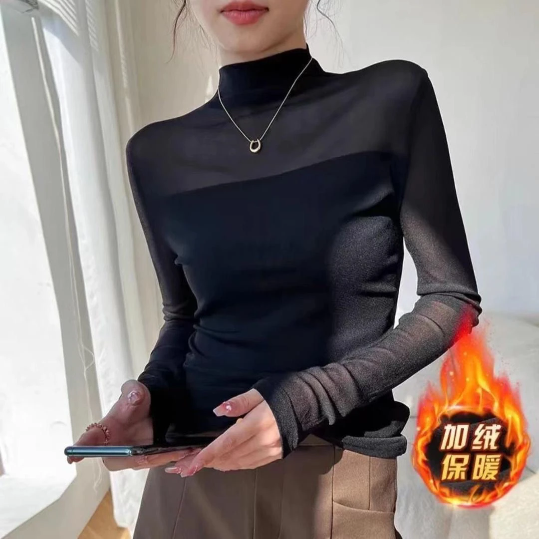 加绒女半高领百搭打底衫内搭新款上衣t 恤气质洋气网纱长袖秋冬