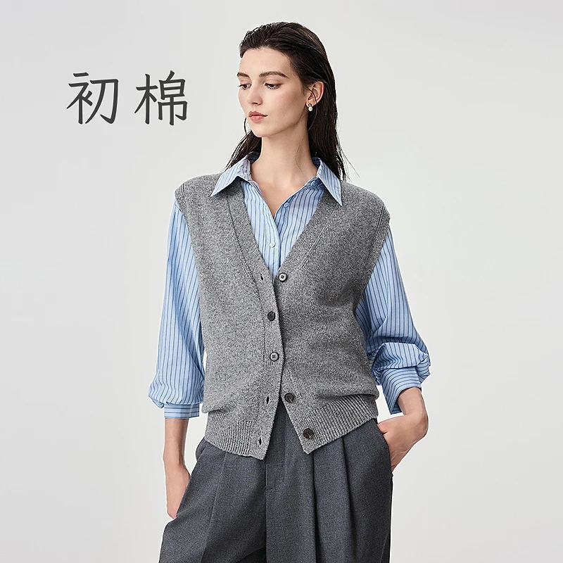 初棉【羊毛开衫马甲】叠穿神器羊毛V领马甲新品针织上衣366699002