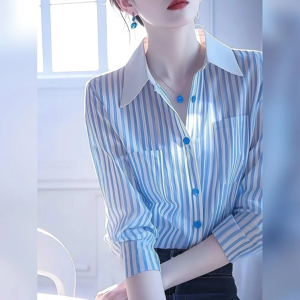 蓝色polo领条纹长袖衬衫衬衣女2025新款早春季韩系高级感气质上衣