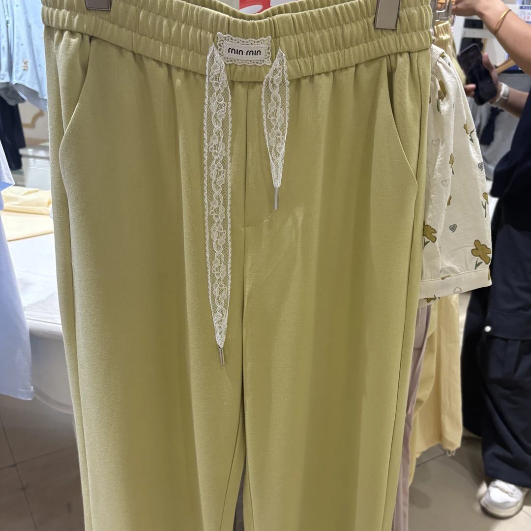 C80747垂感时尚显瘦高腰休闲薄款夏季冰丝阔腿蕾丝