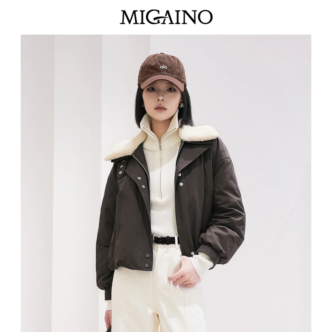 Migaino曼娅奴羽女装秋冬新款设计感轻薄90白鸭绒假两件羽绒服