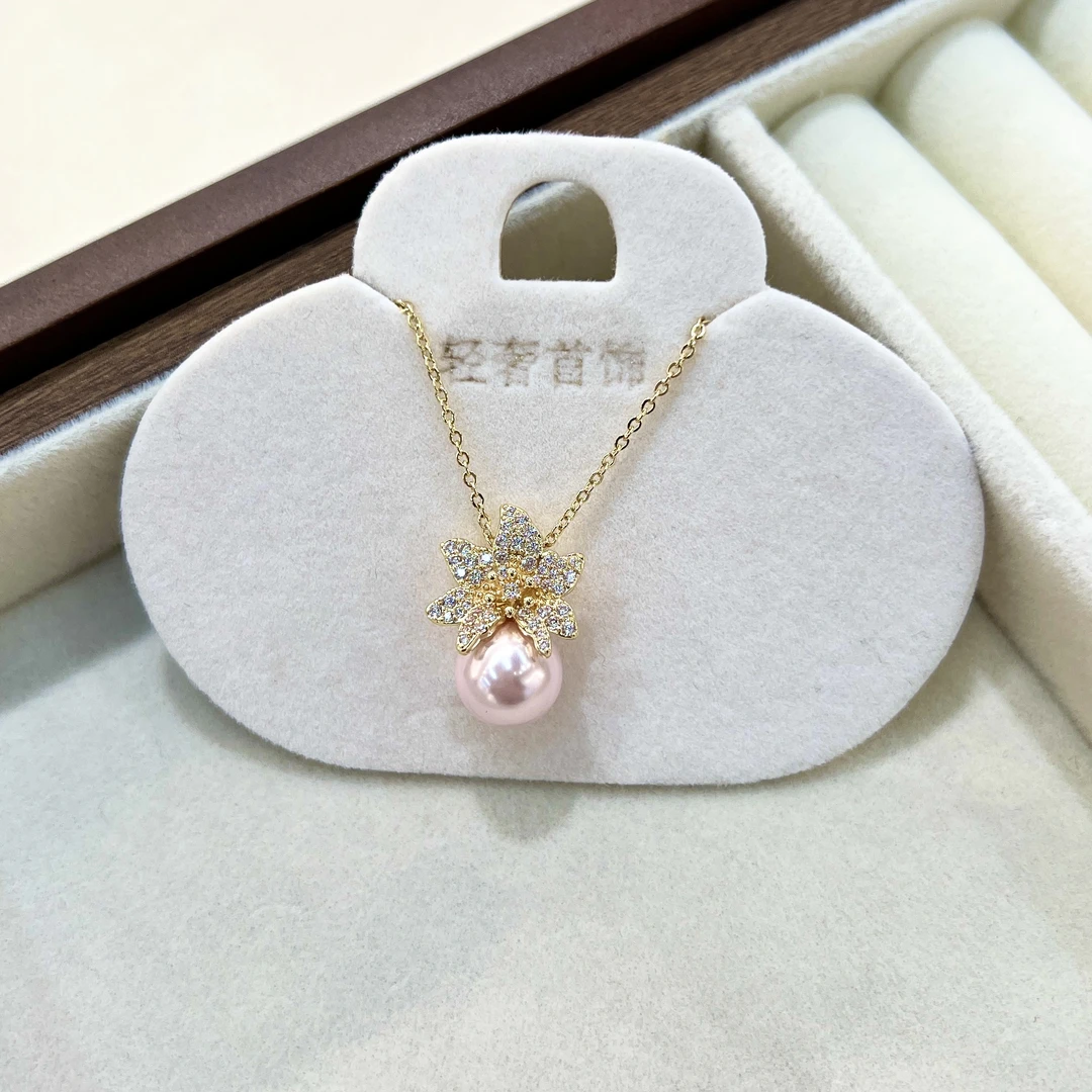 铜合金项链 XL-13法式满钻花朵粉色珍珠精致百搭锁骨链