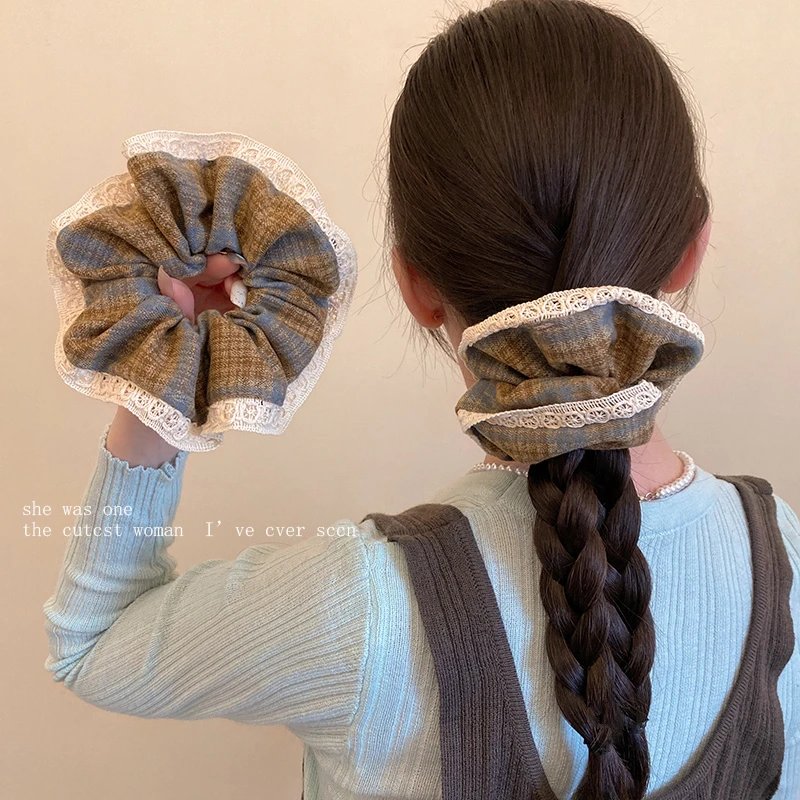 韩系格纹蕾丝花边大肠发圈女2025新款复古低马尾扎头绳高级感头花