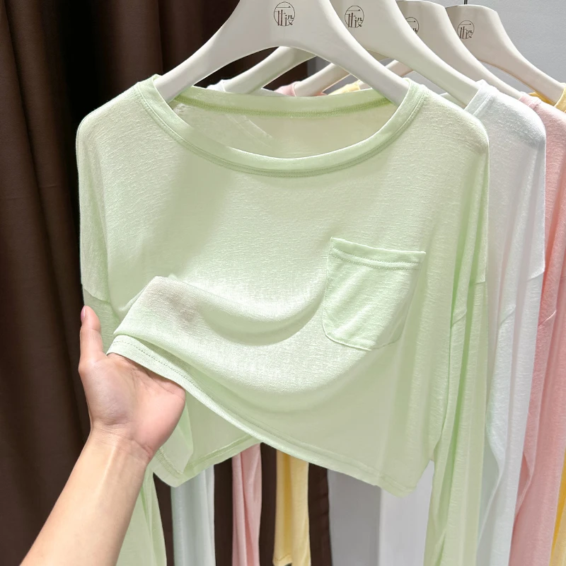 绿色夏季薄款叠穿外搭宽松t恤罩衫女2025新款正肩圆领甜美上衣ins