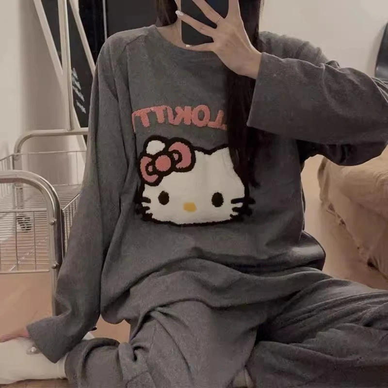 德绒睡衣女秋冬新款圆领套头毛巾立体刺绣Kitty猫卡通厚款家居服