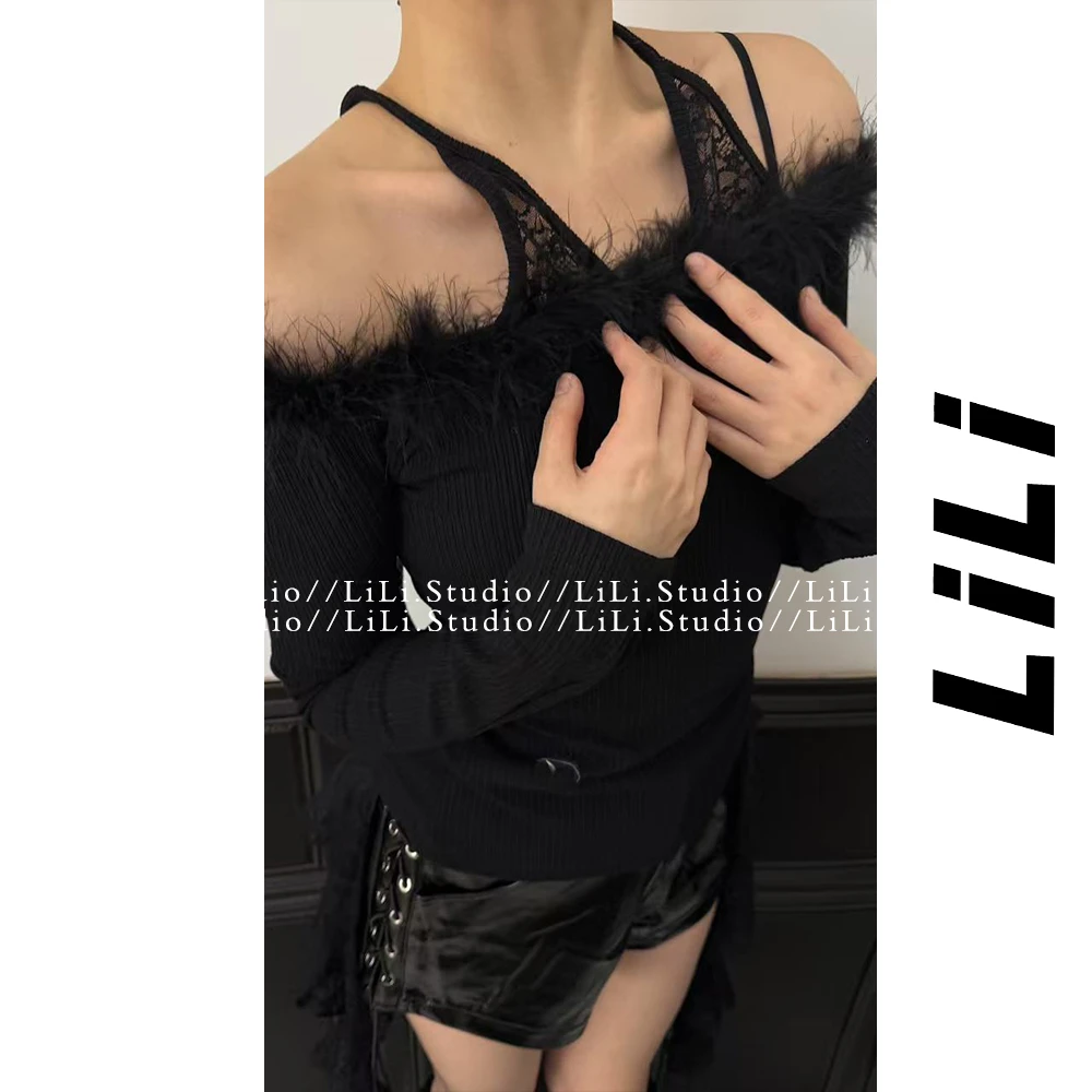 【李里家福利】蕾丝拼接毛毛挂脖针织衫女收腰修身打底衫纯欲上衣