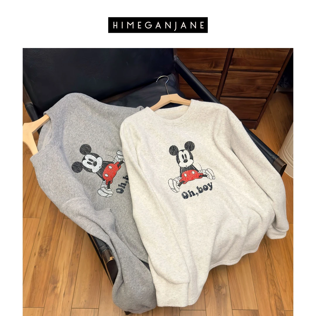 HIMEGANJANE 定制面料 一体绒 米奇印花宽松慵懒长袖卫衣250196