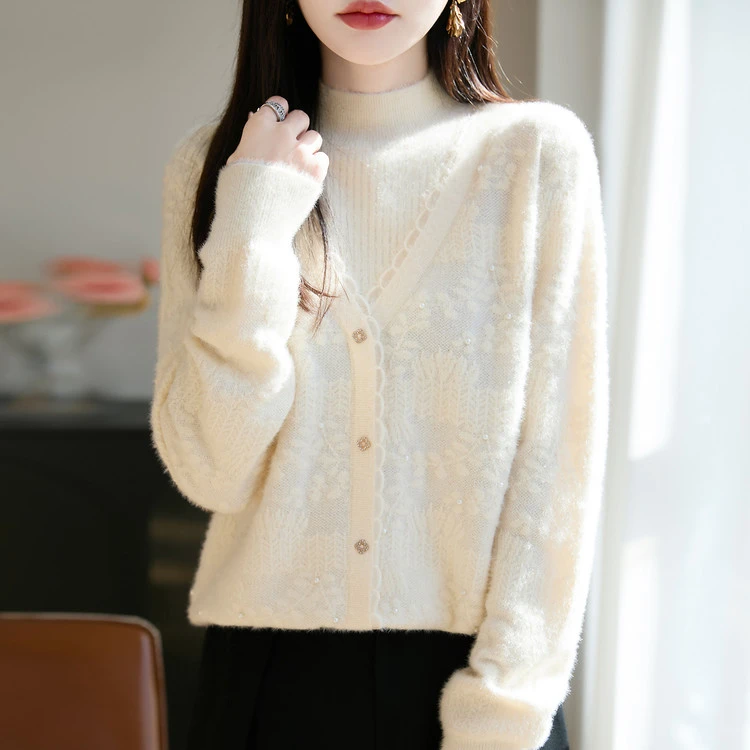 纯100羊绒衫女士秋冬时尚减龄仿两件宽松半高领高端羊毛打底毛衣