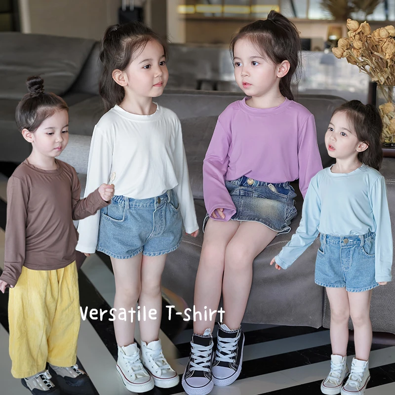 AnnieGirl软绵绵“黄油肤感”春季长袖T恤宽松女童纯色打底上衣