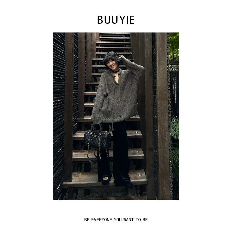 BUUYIE 25SS【钛絮】慵懒宽松百搭抽绳设计针织毛衣 250833