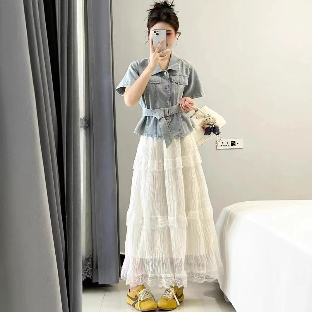 法式设计感牛仔衬衫绑带上衣女韩版时尚显瘦半身裙网纱裙子两件套