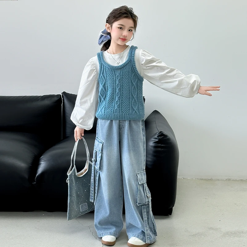 女童春季套装2025新款洋气时尚纯色泡泡袖三件套6-12岁中大童衣服