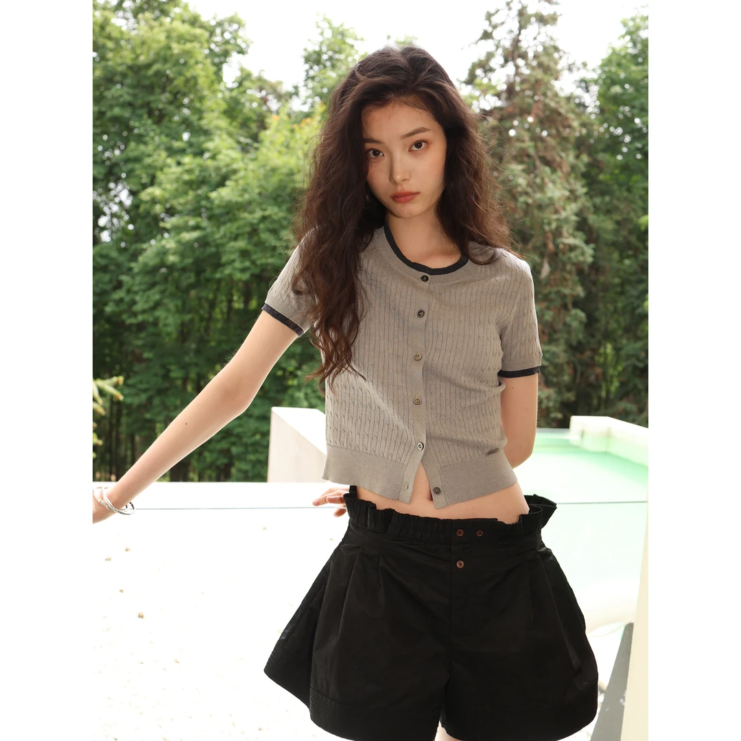 素舶 天丝亚麻天然凉感圆领贝壳扣绞花撞色短袖开衫SUPERSCAPE