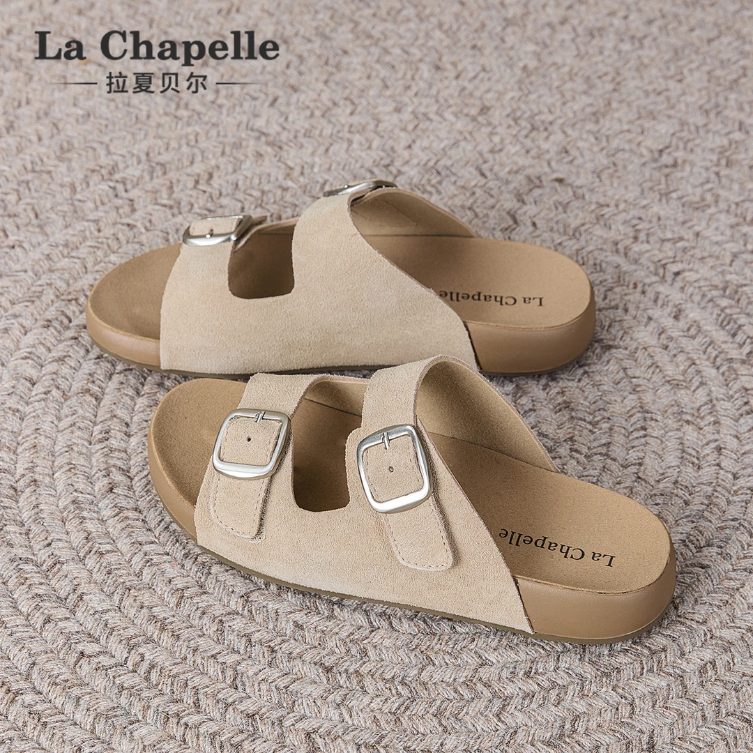 拉夏贝尔真皮勃肯一字拖鞋女2025冬季新款外穿沙滩懒人一脚蹬凉鞋