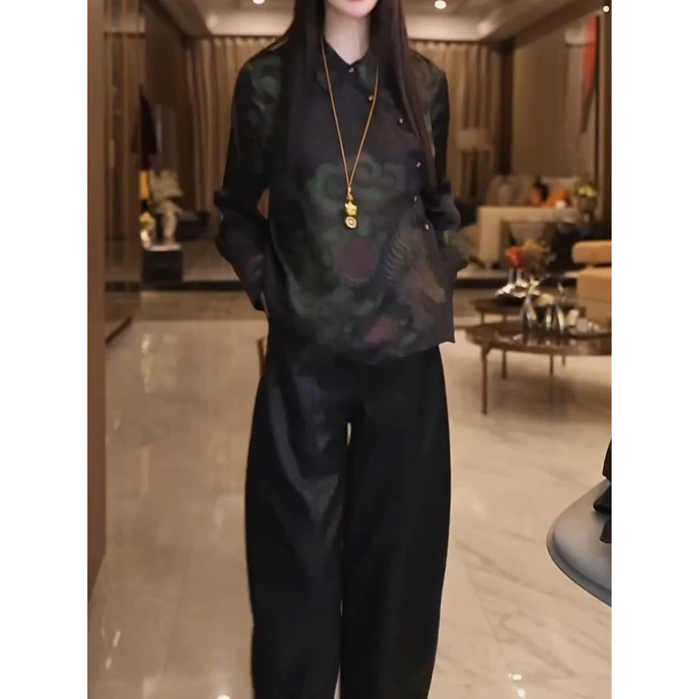 高档时尚新中式裤套装女2025秋季新款洋气复古国风印花衬衫+长裤