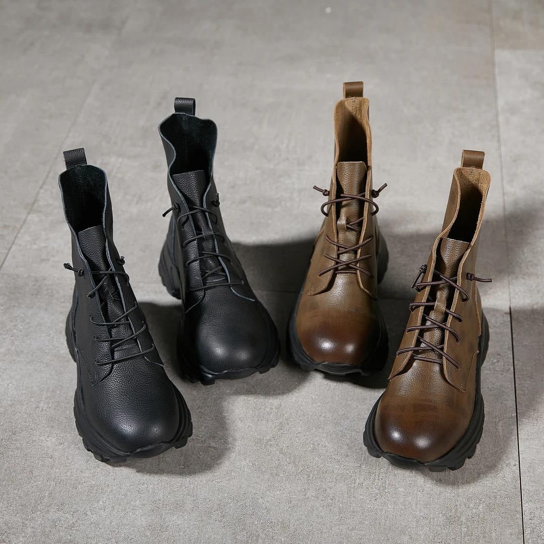 女鞋马丁靴褶皱秋冬女厚底系带高跟侧拉链时尚23D2308-1