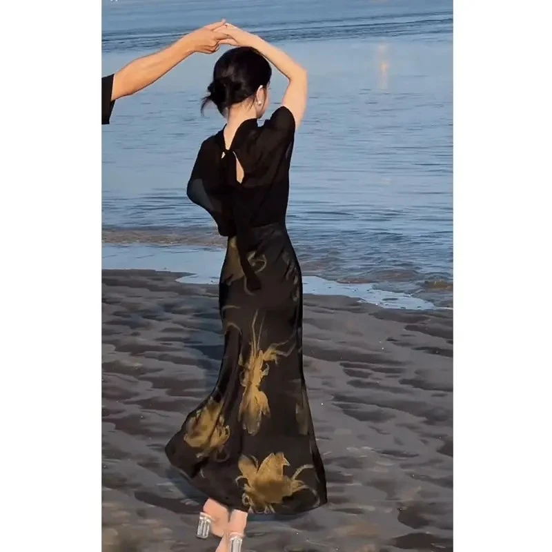 夏季慵懒风御姐穿搭2025法式复古清冷感薄纱上衣黑色国风半身裙