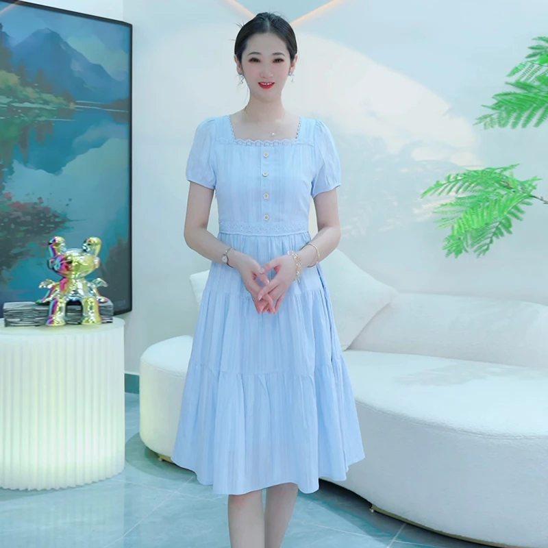 夏季2025时尚连衣裙气质显瘦小个子白色蓝色收腰简约裙子3036