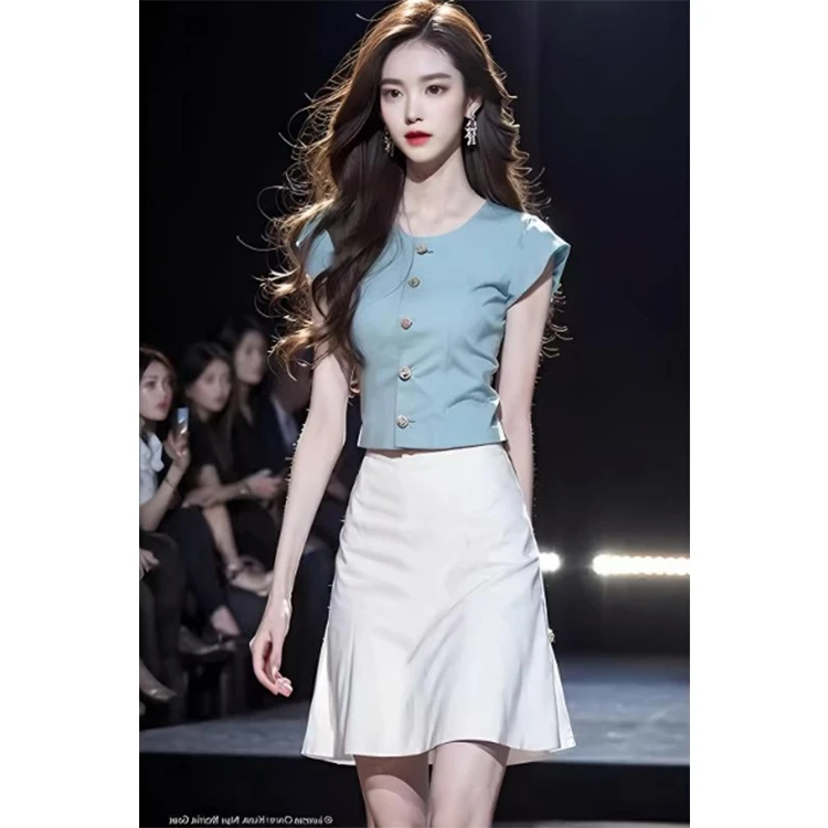 小个子2025新款气质名媛韩系高级感穿搭小香风蓝色上衣半身裙女夏
