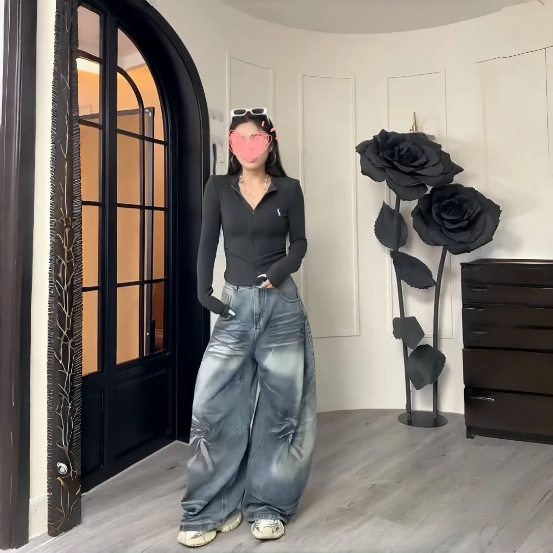 2025秋设计感拉链刺绣长袖T恤女显瘦长袖上衣开衫T90080
