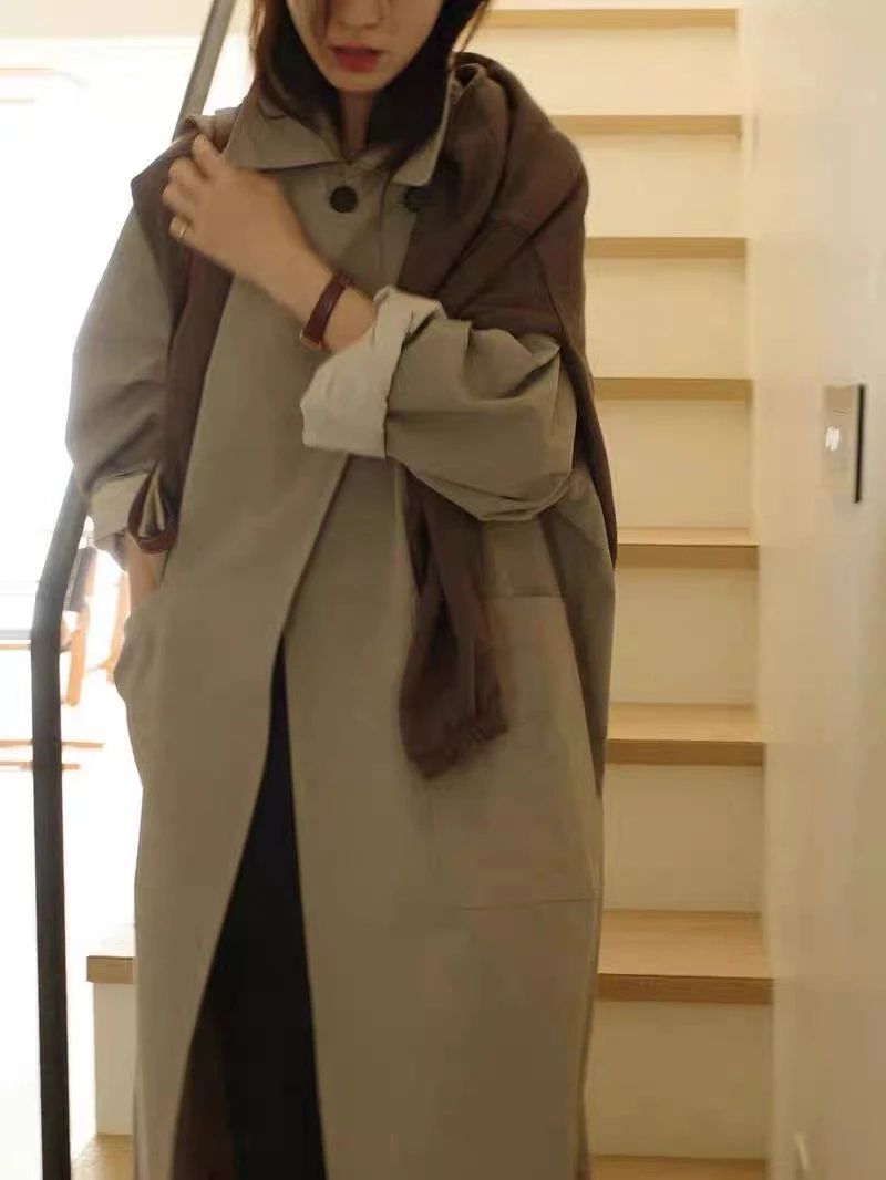 春季新款东大门韩系宽松设计气质翻领宽松长款高端休闲风衣外套潮