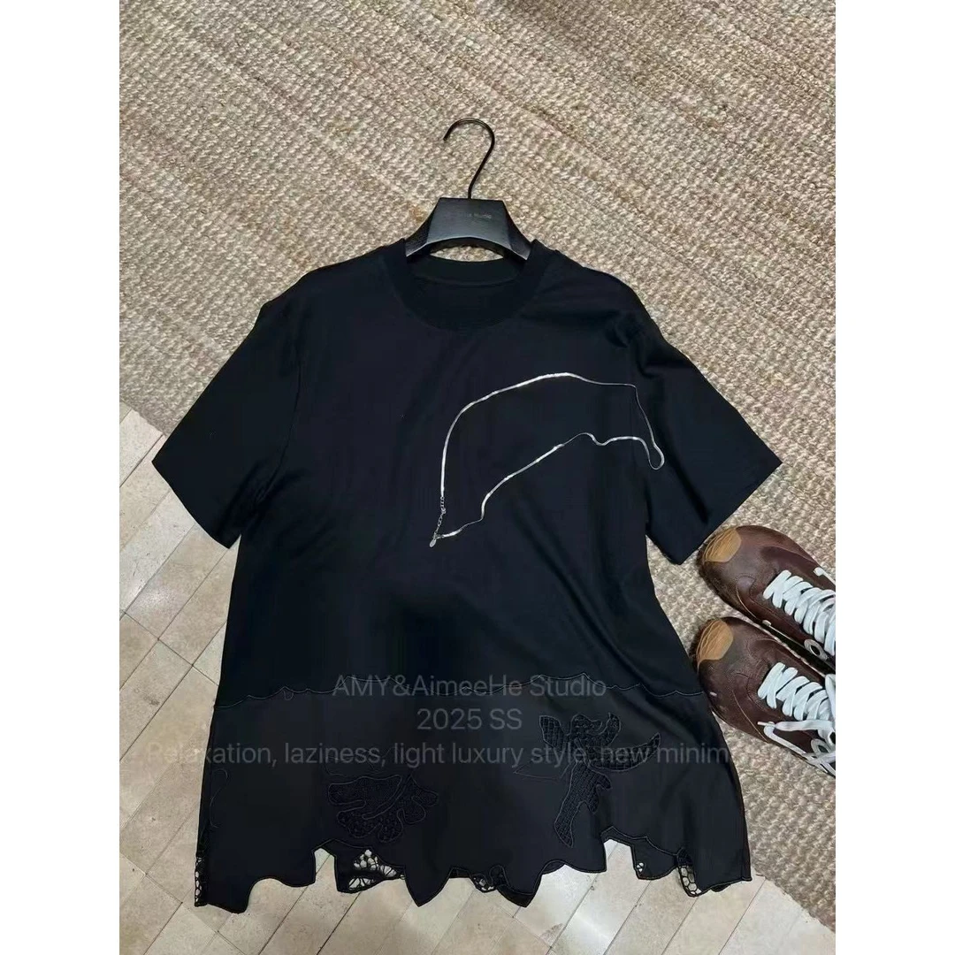 Mozch   纯棉高织高密不规则镂空绣花高端T恤【长74】156